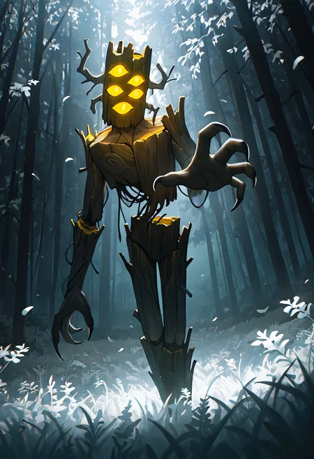 masterpiece, best quality, amazing quality, very aesthetic, absurdres, newest, cinematic, movie scene, foreground blur, volumetric lighting, 
creaking, no humans, standing, monster, glowing eyes, yellow eyes, solo, 3 eyes, yellow sclera, wooden body,
daytime forest, black trees, white grass, white leaves, , dynamic angle, looking at viewer, head tilt, reaching out, grabbing, open hands, sharp claws,