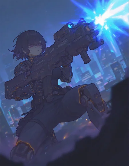 very awa,  <lora:XXX667:0.9>, xxx667_illu, [asura \(asurauser\)::0.8], [(bartolomeobari:1.2):0.65],  1girl, black hair, mechanical arms, mechanical legs, medium breasts, android, assault rifle, firing,  city, cyberpunk, blurry, depth of field,  masterpiece, [best quality:0.15], newest, absurdres, very aesthetic, best quality, year 2024, newest,