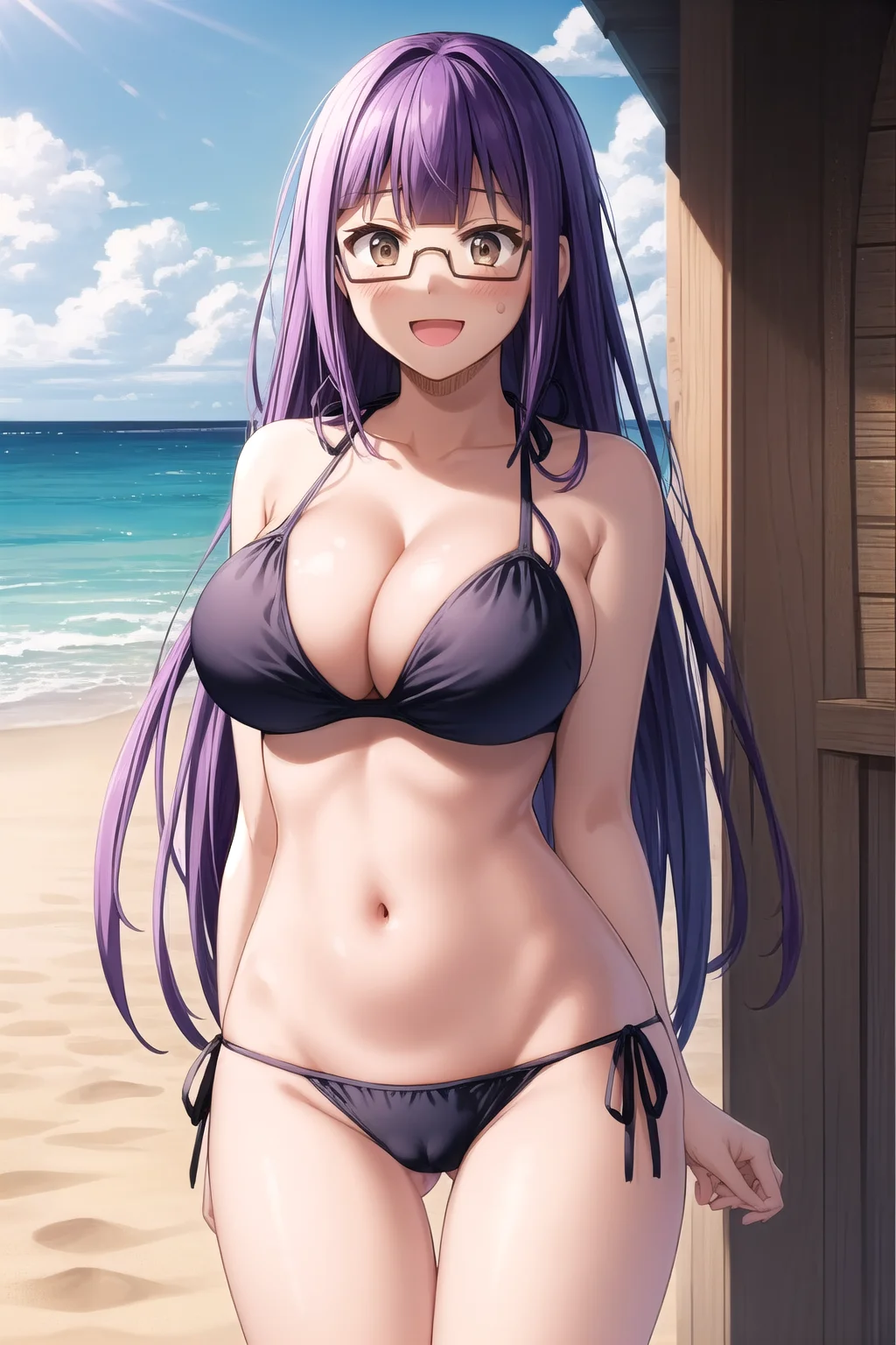 misaki_brynhildr, 1girl, solo, standing, cowboy shot, front_view, looking at viewer, outdoors, beach, horizon, (open mouth, smile:1.2), blush, legs_together, (arms_at_sides:1.2), (purple hair, long hair:1.3), blunt bangs, (sidelocks:1.3), (glasses:1.2), (large breasts:1.2), (wide hips:1.2), (black bikini:1.2), (string bikini:0.7), (strap gap:1.2), (cleavage:1.2), (side-tie bikini bottom:1.2), (cameltoe:1.1), thigh gap, illustration, intricate detail, masterpiece, best quality, best aesthetic, anime, ultra detailed