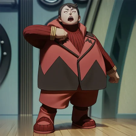 Score_7_up, score_8_up, full body, Tabitha, red uniform, hand to chest, arm out, open mouth, open eyes, indoors, detailed background,