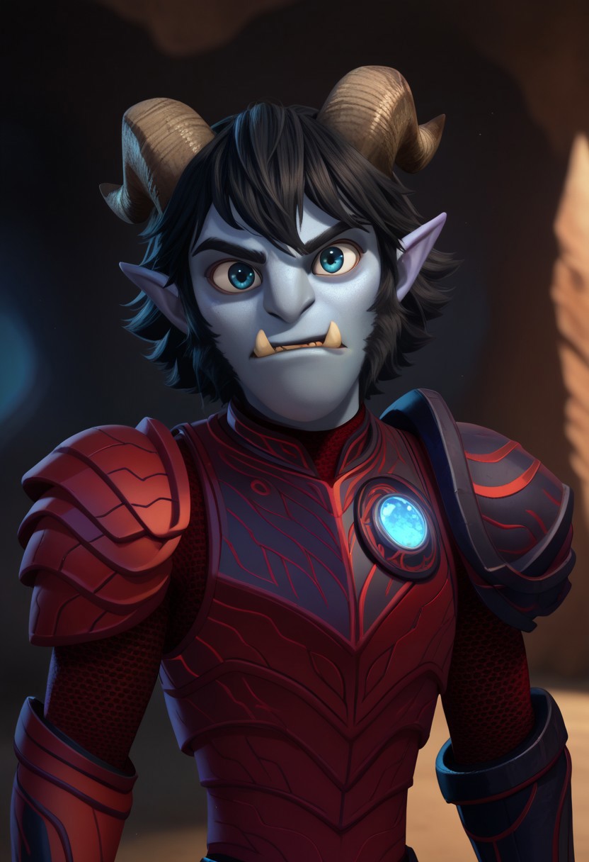 score_9, score_7_up, 
jimth, 1boy, male focus, solo, blue eyes, black hair, troll, colored skin, blur skin, horns, pointy ears, horns, fang, tusks, armor, full armor, red armor, upper body,
indoor, cave