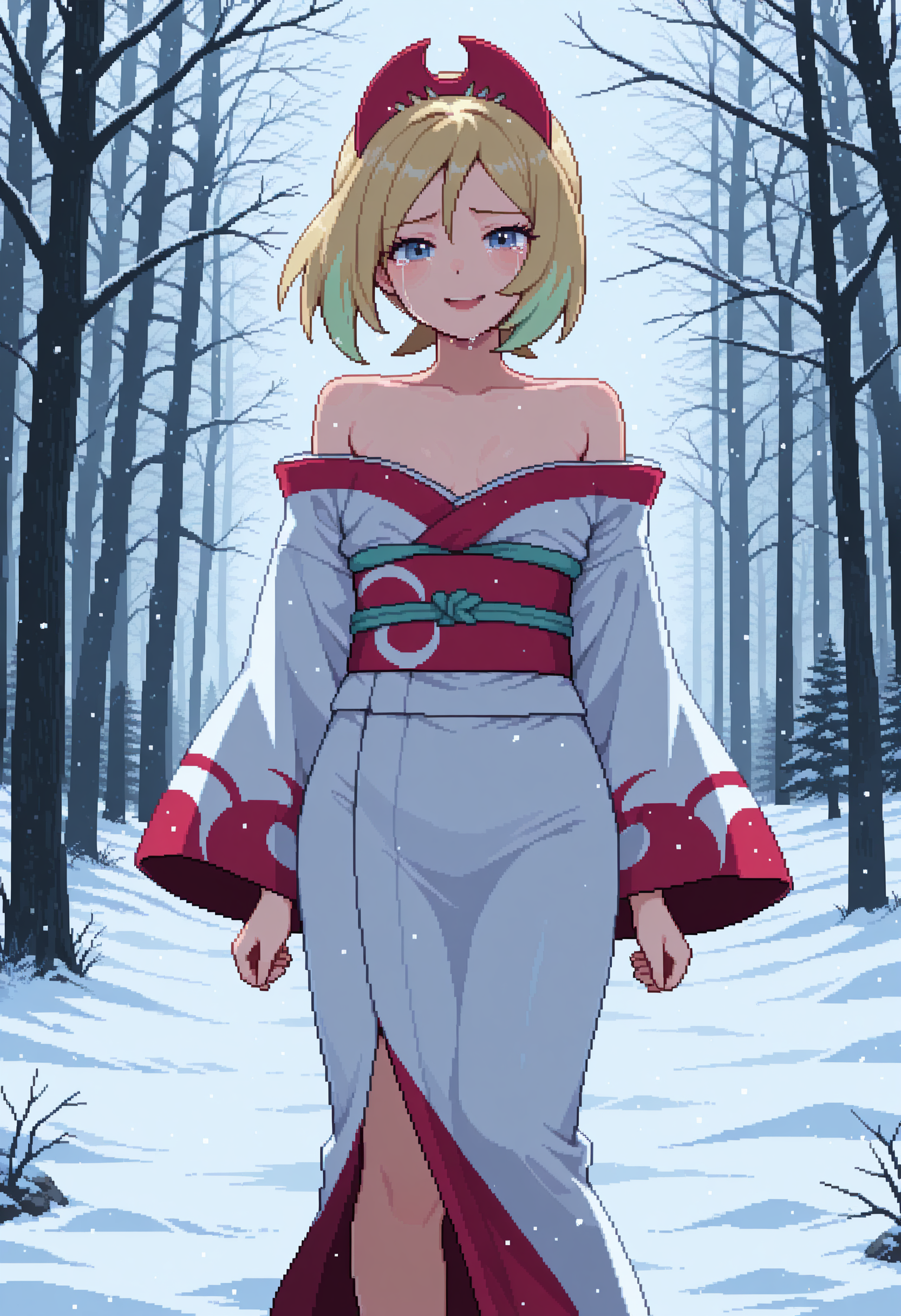 <lora:pixelart:1>,pixel art,masterpiece, highres, absurdres,amazing quality, best quality, detailed background, 8k, 1girl, irida (pokemon), bare shoulders, kimono, bare tree,blizzard,crying,crying with eyes open,feet out of frame,floating hair,forest,looking at viewer,nature,open mouth,outdoors,ribbon,sad smile,snow,snowing,solo,standing,tears,tree,wind