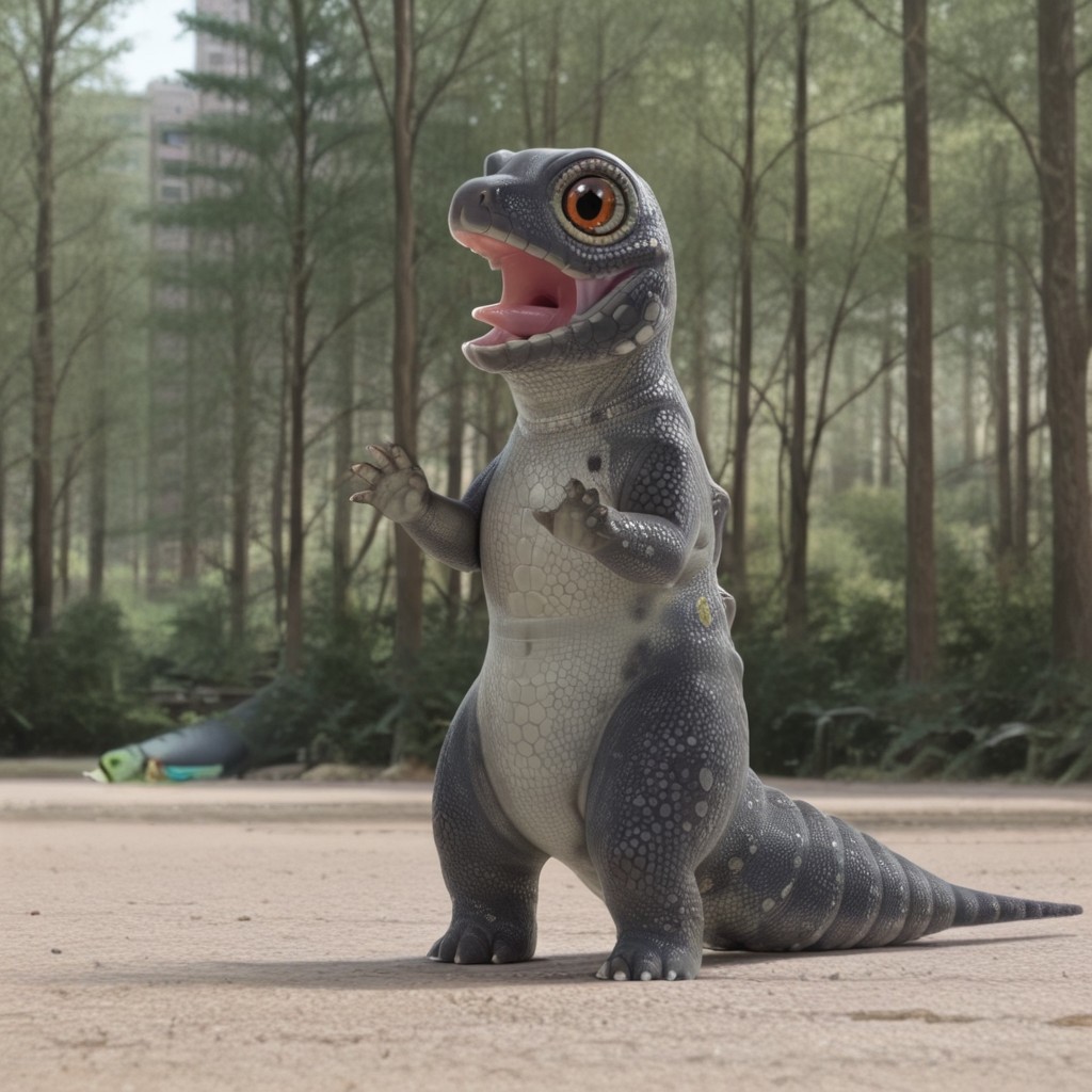 masterpiece, best quality, amazing quality, Geckzilla, feral, gecko, male, grey skin, orange eyes, tail,  forest, solo, from front, open mouth, hands up