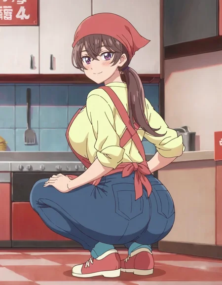 score_9, score_8_up, score_7_up, anime screencap, solo,1girl,apron,bandana,pants, brown hair, purple eyes, looking at viewer, smile, shirt, collarbone, yellow shirt, ponytail, bangs, long hair,hair between eyes,large breasts, huge ass,cowboy shot,blush,from behind,squatting,<lora:nagomiakiho:0.8>