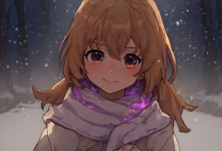 score_9, score_8_up, score_7_up, score_6_up, Aisaka_Taiga, 1girl, perfect face, cute, petite, brown eyes, colored inner hair, glowing hair, long hair, purple glowing scarf, white sweater, winter, snowing, glowing snowflakes, blush, shy smile, shy look, night, no light, snow, fisheye, blizzard, wind, love eyes, forest, path, snowdrift, dark night, close look, glowing eyes, complete darkness, darkness