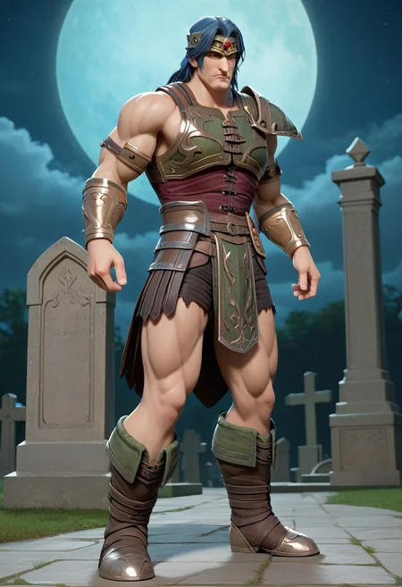score_9, score_8_up, score_7_up, score_6_up, 1boy, male, muscular, (full body view:2), night, moon, graveyard, simon belmont, simonbel, green leather armor, jeweled headband, stylized green breastplate, gold accents, black leather shorts, stylized green loincloth, single pauldron, metal wristband, shoulder length blue hair, leather tassets, gray boots