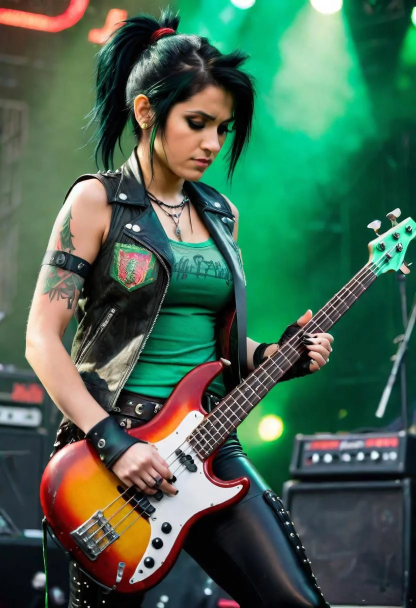 amateur poorly lit color cast poorly composed photo in phst artstyle with bad contrast natural lighting photo (20-year-old) Vanellope (Wreck-It Ralph, (straight black hair), tattoos all over arms, ponytail, green t-shirt, leather vest, vambraces, Judas Priest aesthetic, playing bass-guitar for a heavy-metal band at an open air music festival, mischievous smirk