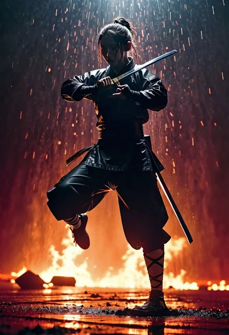 drunken style, Fight Stance, high kick, a ghst Silhouette of a feudal armored shinobi in the Rain, Blood and water Fluids, proudly amidst a vibrant battlefield. Surround her with dynamic particles of Blood and gore, infront of the chaotic energy of a historical war scene.
very detailed, atmospheric haze, Film grain, cinematic film still, shallow depth of field, highly detailed, high budget, cinemascope, moody, epic, OverallDetail, gorgeous, 2000s vintage RAW photo, photorealistic, candid camera, color graded cinematic, eye catchlights, atmospheric lighting, skin pores, imperfections, natural, shallow dofintricate, elegant, fantasy art, portrait, dark, retro, ecstatic, plain, powerful, realistic, navy blue, dark color