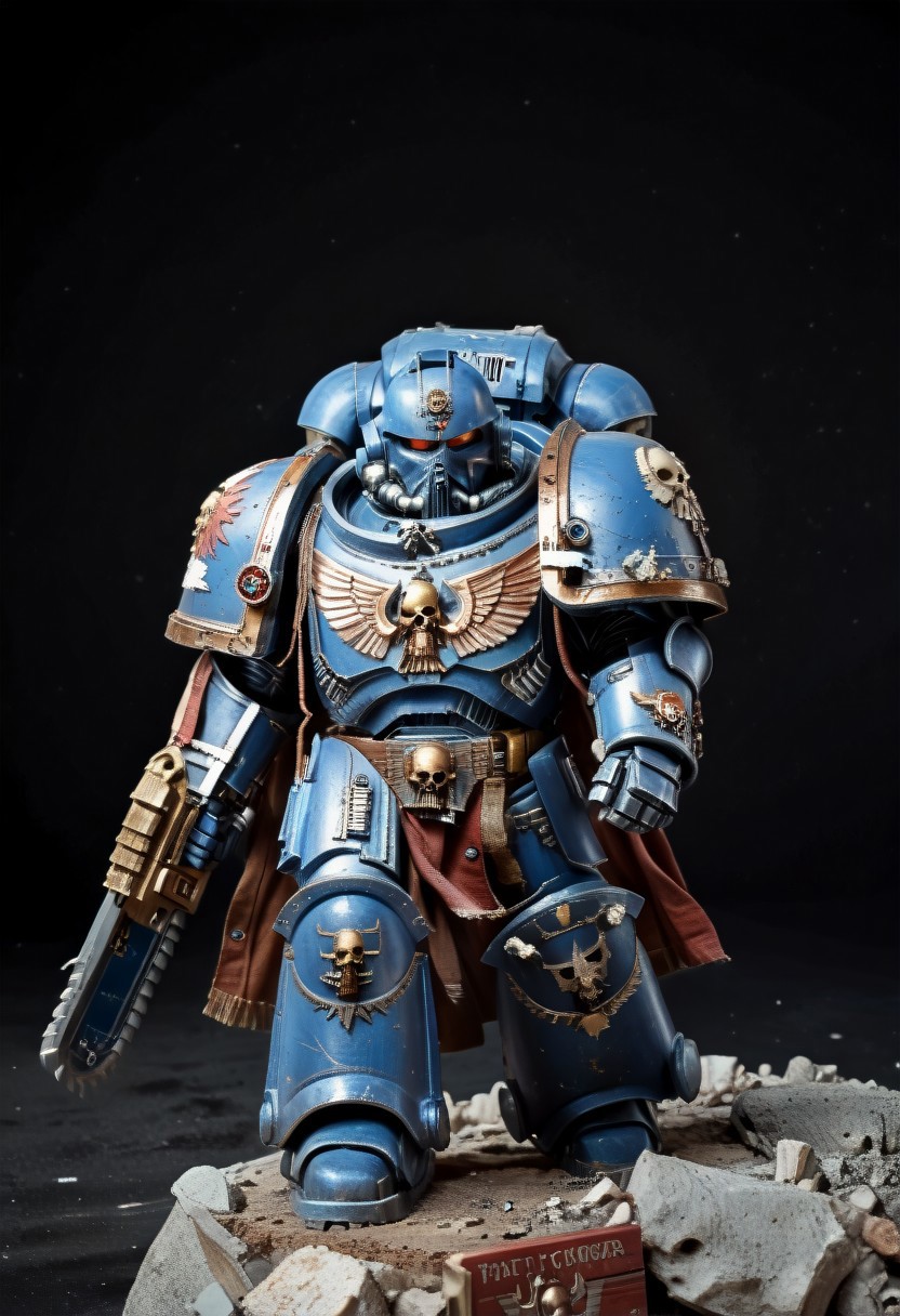 masterpiece, best quality, very aesthetic, absurdres, Absurdres, score_9_up, Source: Warhammer40K, scene of a Chibi Ultramarines Astartes chapter Librarian psker wielding power axe,  blue terminator power armor and astartes helmet, (masterpiece), best quality, expressive eyes, perfect face, 1, space marine, Painstaking Attention To Details, 1990s \(style\), Vintage, Vintage comic book cover of White Dwarf Tabletop Adventures, project unreal engine, volumetric lighting, perfect anatomy, perfect hands, detailed_eye_model, black background, graffiti, blgstyle, UltraM40K, cutechibiprofile,, <lora:28f17931-c1c1-407d-b051-8253df05a849:0.7>, <lora:PeopleCountSliderLoRAv1:2.0>, <lora:756af36b-d5fa-496f-b9a1-088c62f0c527:0.7>, <lora:6f3a2b85-aa03-4ab1-9f9a-e816ad4b1121:0.7>, <lora:cf26021c-0e88-4b06-9329-8702e6590716:0.7>, <lora:_raging_flames:0.7>, <lora:warhammerAdeptus_v1:0.7>, <lora:e6084b5e-a05d-475d-8afe-925ae03a434b:2.0>, , , , , ,