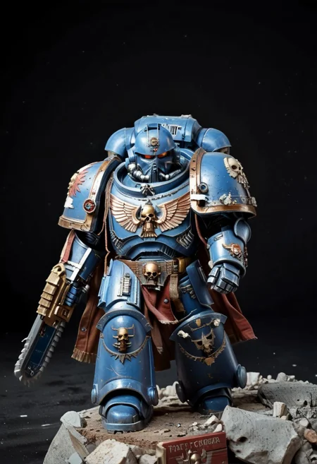 masterpiece, best quality, very aesthetic, absurdres, Absurdres, score_9_up, Source: Warhammer40K, scene of a Chibi Ultramarines Astartes chapter Librarian psker wielding power axe,  blue terminator power armor and astartes helmet, (masterpiece), best quality, expressive eyes, perfect face, 1, space marine, Painstaking Attention To Details, 1990s \(style\), Vintage, Vintage comic book cover of White Dwarf Tabletop Adventures, project unreal engine, volumetric lighting, perfect anatomy, perfect hands, detailed_eye_model, black background, graffiti, blgstyle, UltraM40K, cutechibiprofile,, <lora:28f17931-c1c1-407d-b051-8253df05a849:0.7>, <lora:PeopleCountSliderLoRAv1:2.0>, <lora:756af36b-d5fa-496f-b9a1-088c62f0c527:0.7>, <lora:6f3a2b85-aa03-4ab1-9f9a-e816ad4b1121:0.7>, <lora:cf26021c-0e88-4b06-9329-8702e6590716:0.7>, <lora:_raging_flames:0.7>, <lora:warhammerAdeptus_v1:0.7>, <lora:e6084b5e-a05d-475d-8afe-925ae03a434b:2.0>, , , , , ,
