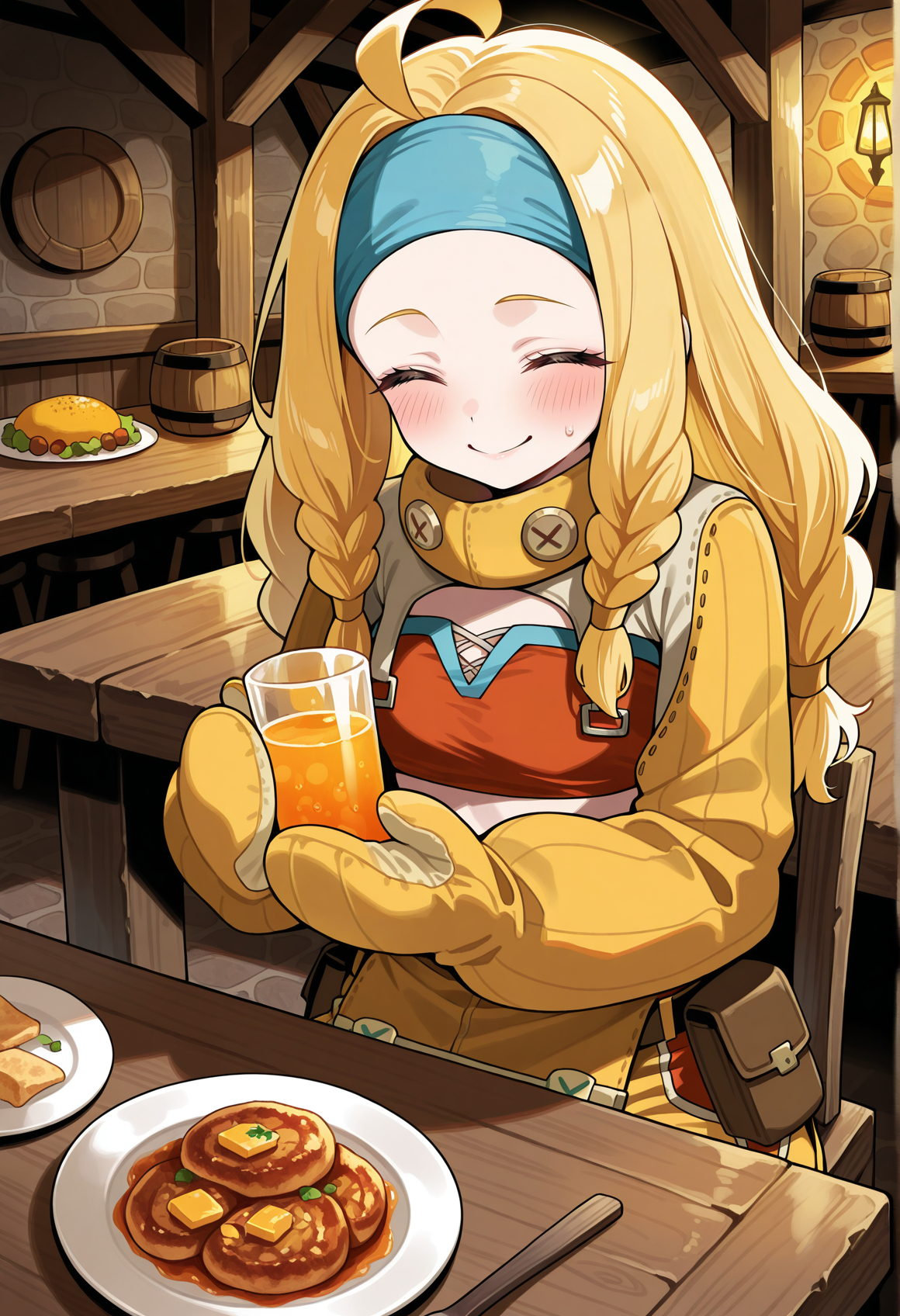 1girl, long hair, blonde hair, braid, multiple braids, blue eyes, ahoge, hairband, high collar, detached sleeves, mittens, tube top, overalls, baggy pants, pouch, solo, indoors, tavern, sitting, holding juice, smile, closed eyes, blush, table, plate, food <lora:little_miss_forge_mh_illus:1>, masterpiece, best quality, amazing quality, very aesthetic, absurdres, highres, newest