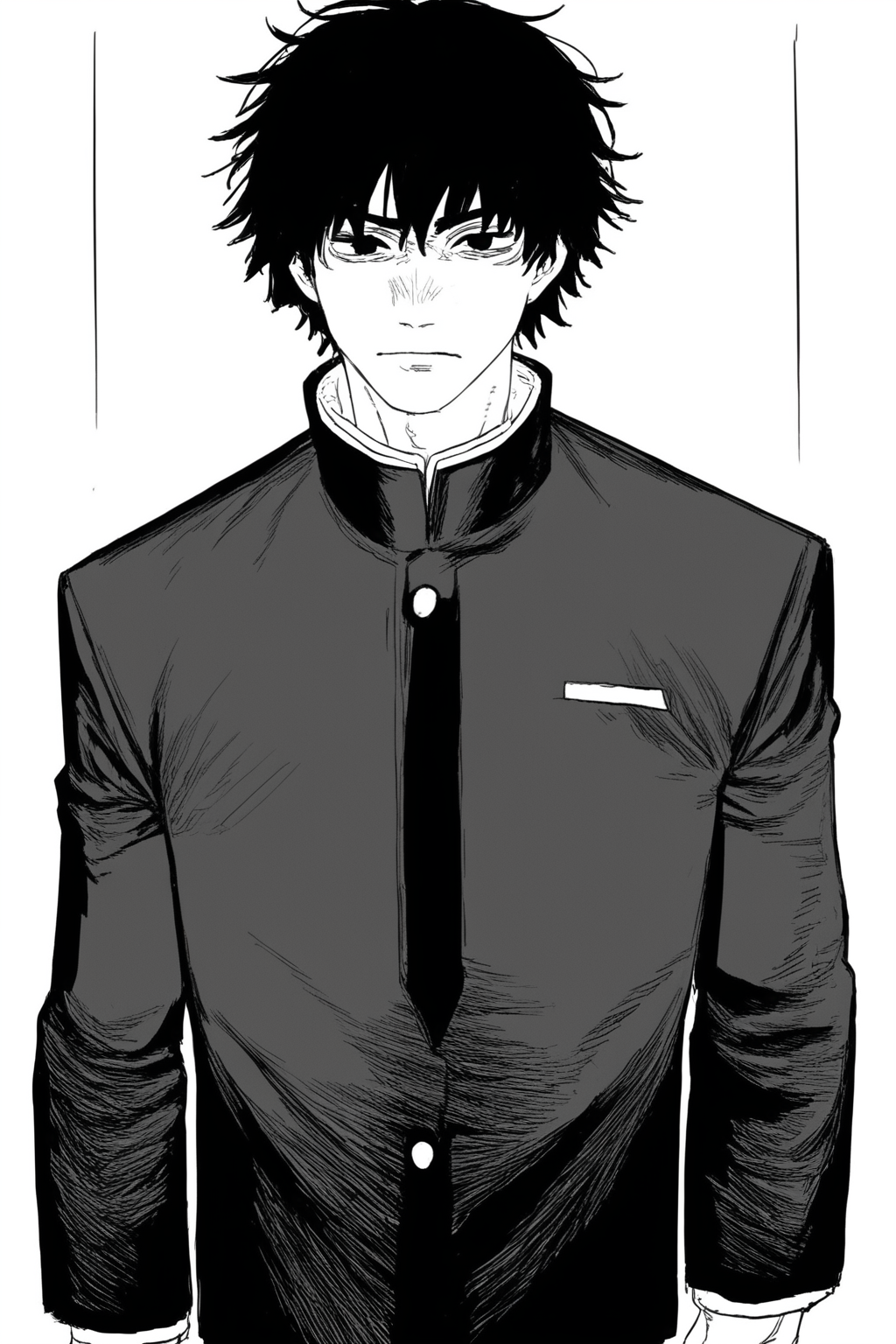 score_9, score_8_up, score_7_up, score_6_up, score_5_up, score_4_up,   <lora:Fujimoto_Manga_Style_r1:1>, fujimotomangastyle, 1 boy, monochrome, solo, greyscale, looking at viewer, cowboy shot, short hair, fluffy hair, messy hair, bangs, sidelocks, black hair, emotionless, closed mouth, school uniform, bishounen, white background, simple background