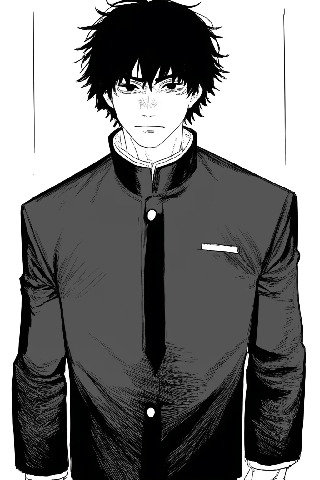 score_9, score_8_up, score_7_up, score_6_up, score_5_up, score_4_up, <lora:Fujimoto_Manga_Style_r1:1>, fujimotomangastyle, 1 boy, monochrome, solo, greyscale, looking at viewer, cowboy shot, short hair, fluffy hair, messy hair, bangs, sidelocks, black hair, emotionless, closed mouth, school uniform, bishounen, white background, simple background