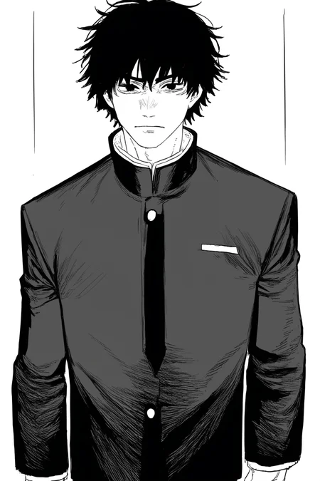 score_9, score_8_up, score_7_up, score_6_up, score_5_up, score_4_up, <lora:Fujimoto_Manga_Style_r1:1>, fujimotomangastyle, 1 boy, monochrome, solo, greyscale, looking at viewer, cowboy shot, short hair, fluffy hair, messy hair, bangs, sidelocks, black hair, emotionless, closed mouth, school uniform, bishounen, white background, simple background