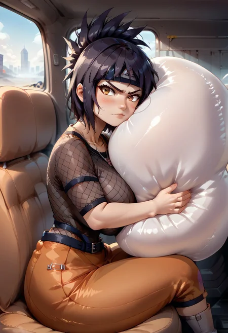 score_9, score_8_up, score_7_up, score_6_up, source_anime, 1girl, solo, <lora:anko-pdxl-nvwls-v1-000006:1> mitanko, folded ponytail, black hair, forehead protector, necklace, mesh bodysuit, belt, orange skirt, huge breasts, hyper breasts, toeless footwear, sitting, from side, looking at you, blush, car interior, airbag, inflatedairbag, airbagcrash, hugging airbag
