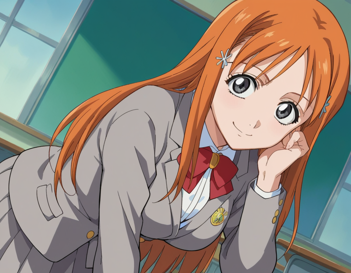 score_9, score_8_up, score_7_up, source_anime, 
inoueorihime, <lora:inoue-orihime-s1-ponyxl-lora-nochekaiser:1>, 
inoue orihime, long hair, orange hair, grey eyes,
 skirt, bow, school uniform, jacket, blazer, grey jacket, 
indoors, classroom, smile, bent over,
looking at viewer, cowboy shot, dutch angle,