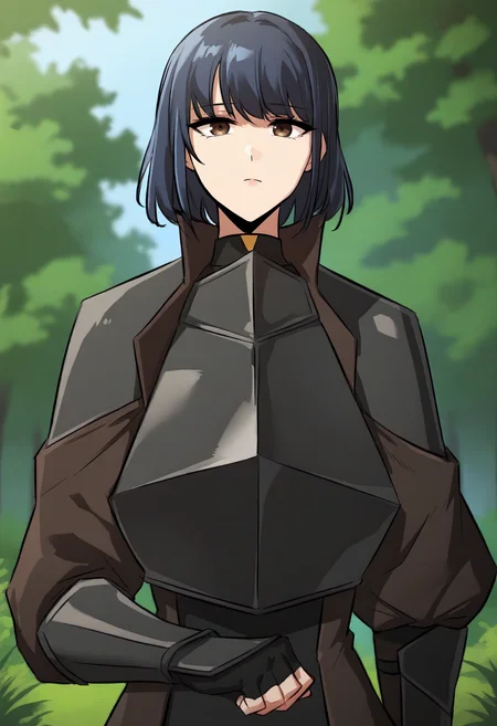 score_9, score_8_up, score_7_up, score_6_up, source_anime, rating_explicit, 1girl, solo, huge breasts, <lora:Nigel prefectPonyxl:0.85> black hair, brown eyes, short hair, blue hair, brown jacket, shoulder armor, black dress, black armor, breastplate, fingerless gloves, black gloves, gauntlets, expressionless, Narrow shoulders, forest, outdoors, looking at viewer