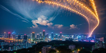Guangzhou City,City Night View,A bustling city,Urban background,(City Night View:1.1),neon lights,moonlightfield,village,stadium,flower field,day,sun,sky,cloud,historic building