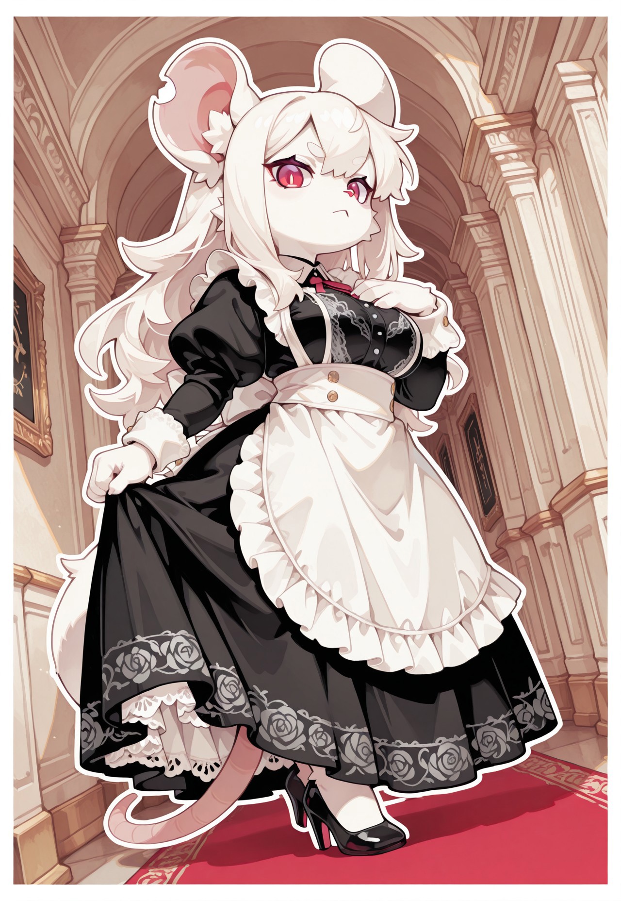perfect eyes, S4bit4mago_illu, anime style, s0wasow4rt_illu, masterpiece, best quality, high quality, newest, highres, (chibi rat), score_9, score_8_up, score_7_up, Nameless_Style, rat girl, _Style, rat, furry:1.2, Cartoon_Type, (solo), curvy, fluffy1.3, shortstack rat girl, large chest, lace styled dress, maid outfit, fancy hallway, chibi, long dress, high heels, panoramic view of hallway, thick white outline, curvy, white lace, face focus, fabric, intricate lace, intricate details:1.2, long dress, hand out, long hair, thick white outline, curvy, perfect, white lace, face focus, white apron, black dress, back arched, fabric, intricate lace, hand resting on dress, black lace, intricate details:1.2, long dress, red eyes, white fur, serious, haughty, standing upright, rat tail, tail around body, powerful pose, confident, proud, dainty pose, countershade fur, stylish, at an angle, dynamic angle, calm, hand on dress hem, welcoming, hand out,, countershade fur, stylish, pose, extremely detailed, high quality, cute background, 