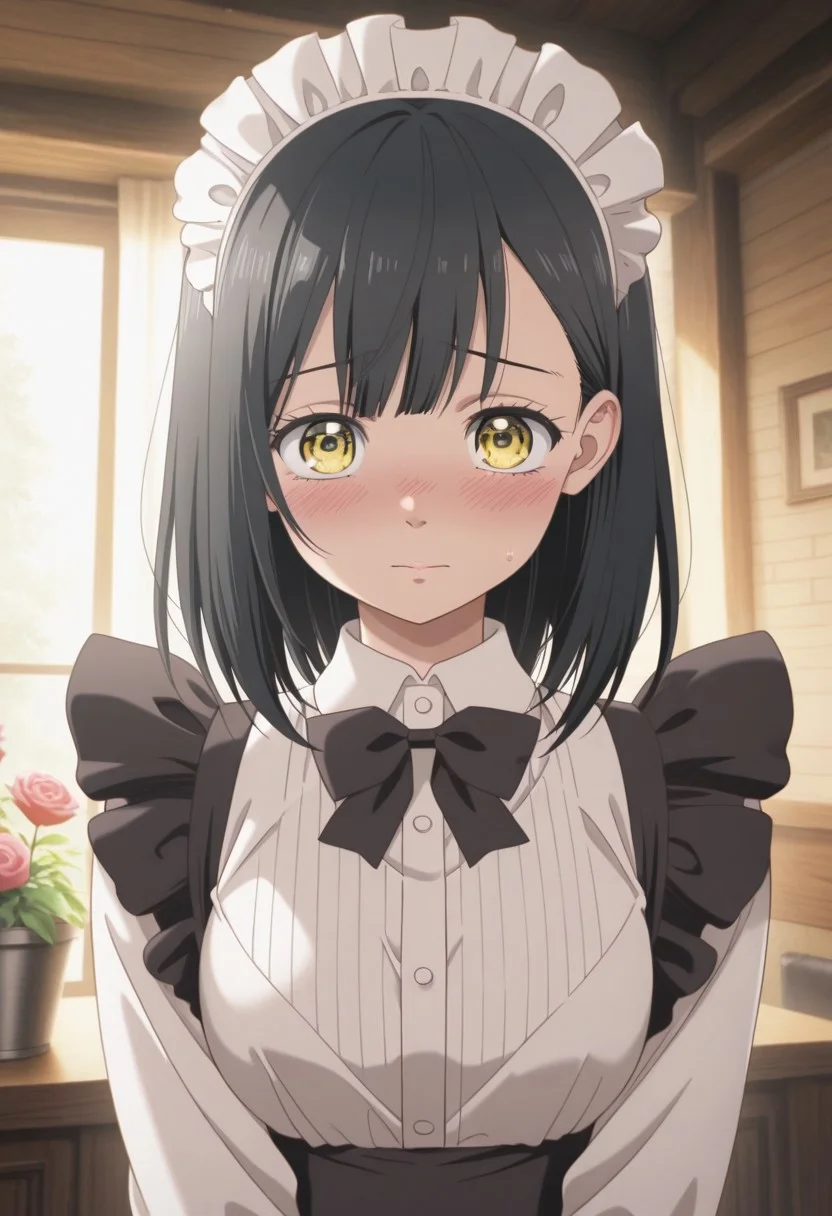 masterpiece,best quality,amazing quality, ishimori uka, black hair, yellow eyes, medium hair, 1girl, blush, maid headdress, solo, maid, bow, looking at viewer, upper body, shirt, white shirt, flower, apron, indoors