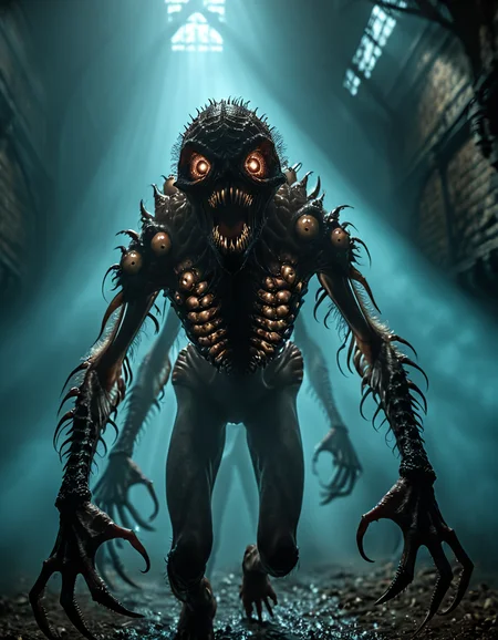 monsterlora, horror (theme), 1monster, teeth, many eyes, humanoid, arms, legs, portrait, walking,cinematiclora,Cinematic Lighting, Dramatic lighting, high contrast, detailed shadows, high-resolution, emotional, harmonious, vignette, highly detailed, high budget, bokeh, cinemascope, moody, epic, gorgeous, film grain, grainy, monsterlora, horror (theme), 1monster, teeth, many eyes, humanoid, arms, legs, portrait, walking, background, silent, full detail, epic composition, dramatic, cinematic, sharp focus, surreal, cool color, very beautiful, highly detailed, symmetry, great perfect, warm colors, dynamic, fine light, atmosphere, professional, cheerful, unique