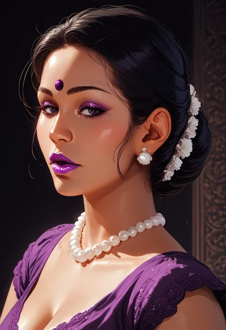 score_9, score_8_up, score_8, perfecteyes, ultra detailed, high resolution, high quality, masterpiece, intricate details, intricate body, intricate landscape, bedroom, Expressiveh, upper body shot, low light, dark background,
BREAK
1girl, solo, source_cartoon, mature female, Khanak Bai, brown skin, black hair, hair bun, white floral bun, purple lips, purple nails, dark forehead dot, pearl earings, pearl necklace, purple wrist bangles, pruple blouse, purple skirt,, looking at viewer, lips, earrings, beautiful, full lips,
