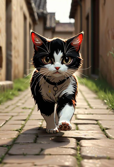 cinematic photo of a cute chibi cat running towards the viewer, detailed, masterpiece, 8K resolution