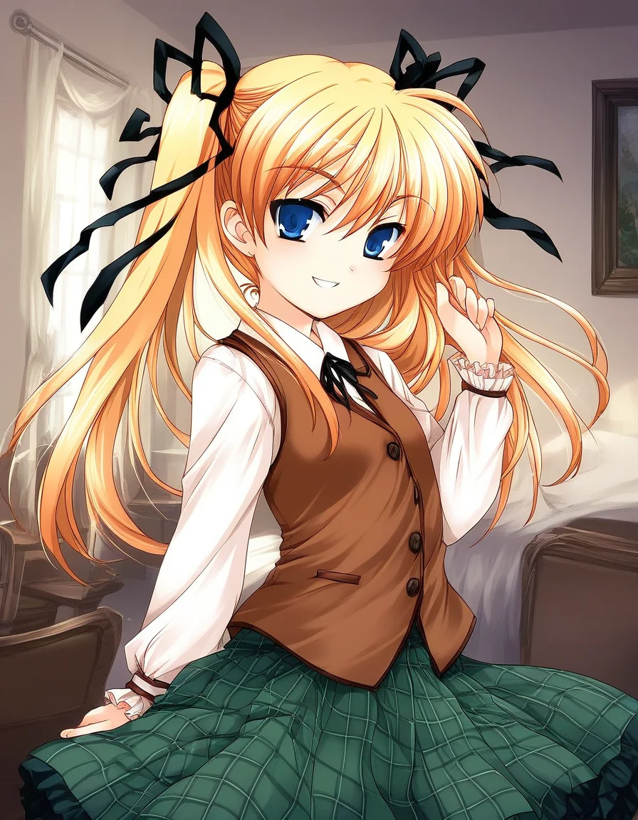 score_9, score_8_up, score_7_up, source_anime, rating_explicit, BREAK <lora:Itsukiï¼Imi_Ver2.0_XL:1> Itsukiï¼Imi, blonde hair, blue eyes, ribbon, long hair, hair ribbon, twintails, short stack,
brown vest, checked skirt, green skirt, long skirt,
smile,
looking at viewer,
cowboy_Shot,
Western-style room,