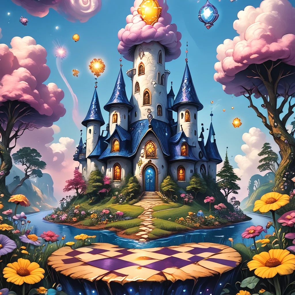 score_9, score_8_up, score_7_up, score_6_up, score_5_up, score_4_up, <lora:WonderlandPony_r1:1> ArsMJStyle, Wonderland, A vibrant, dreamlike landscape with twisted trees, floating teacups, and glowing mushrooms. A river of liquid stardust flows through the scene, with pastel-colored clouds swirling overhead. Giant flowers with faces, chessboard-patterned hills, and a distant castle in the sky complete the surreal wonderland.