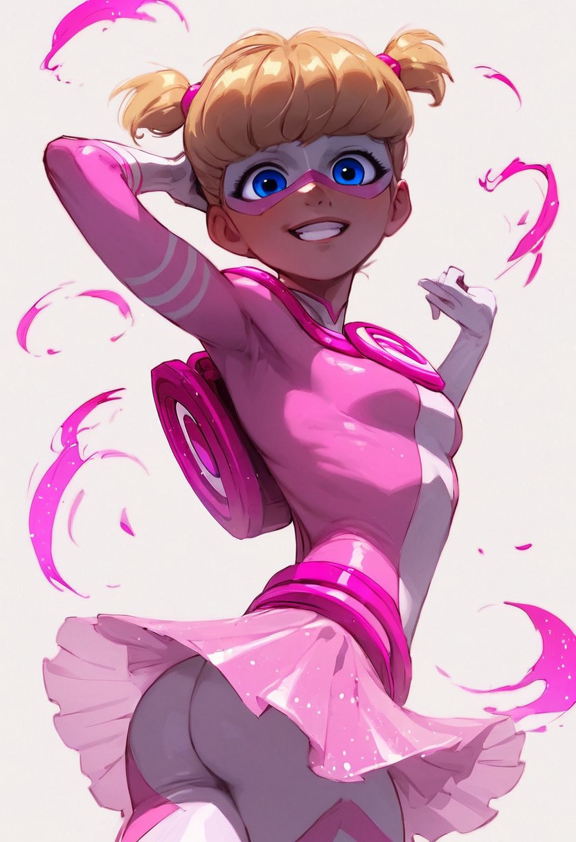 (score_9_up, score_8_up, score_7_up, score_6_up), g0th1c, glowing, Expressiveh, easynegative, high quality, ultra-highres, (Pigella, blonde hair, blue eyes, twintails, short twintails, bangs, pink lipstick, eyelashes, superhero, mask, domino mask, bodysuit, sparkly pink bodysuit, mangeta lines, white V-necked bodysuit, pink skirt, transparent skirt, mini skirt,  white stripes, swirly pattern on her chest, skin tight,), wide hips,  view back, ass, looking over shoulder, kind smile BREAK, , glistening pink, white background