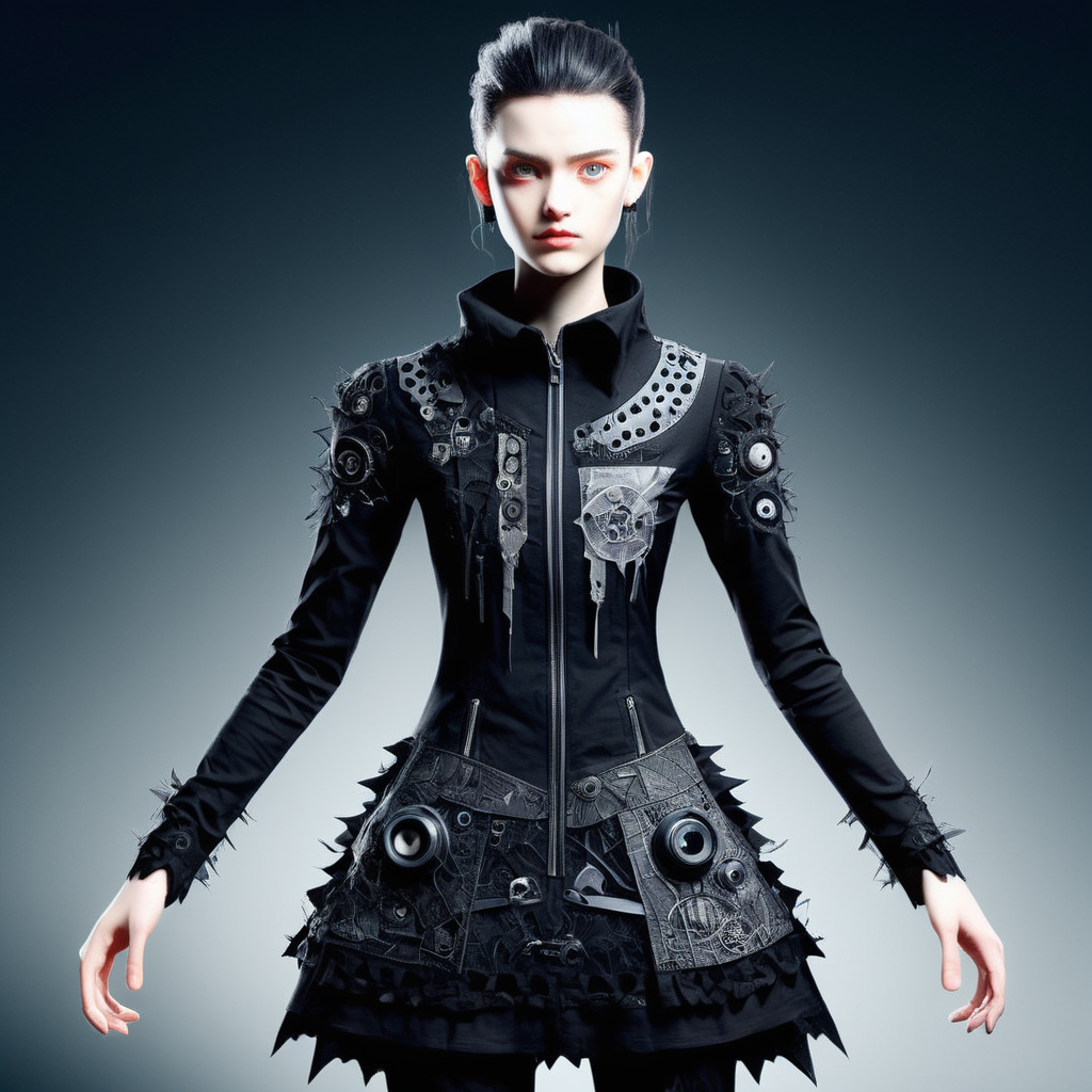 ((realistic,digital art)), (hyper detailed),donmcr33pyn1ghtm4r3xl  upper body clothing,  Eyelet, Chrono Displacement Print,, Ceramic, Long Sleeves, High-Low Hemline, Drop Waist,  Closure Type,,Embroidery,,Collar,,Cutout Details, Zipper Closure,,Slit Details,  , lower body clothing, Sonic Soundwave Nanofiber, , Limestone, Slim Fit, Empire Waist,  Reinforced Knees,,Illusion Back,,Patchwork  ,  <lora:Creepy_Nightmare-000014XL:1>