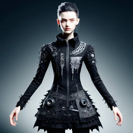 ((realistic,digital art)), (hyper detailed),donmcr33pyn1ghtm4r3xl  upper body clothing,  Eyelet, Chrono Displacement Print,, Ceramic, Long Sleeves, High-Low Hemline, Drop Waist,  Closure Type,,Embroidery,,Collar,,Cutout Details, Zipper Closure,,Slit Details,  , lower body clothing, Sonic Soundwave Nanofiber, , Limestone, Slim Fit, Empire Waist,  Reinforced Knees,,Illusion Back,,Patchwork  ,  <lora:Creepy_Nightmare-000014XL:1>