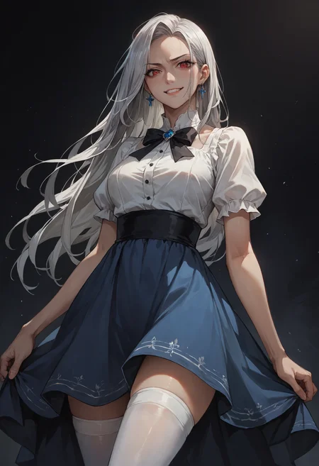 score_9, score_8_up, score_7_up, score_6_up, score_5_up, score_4_up, source_anime, high res image, masterpiece, best quality, 1girl, <lora:Kazuki Dora V2:0.8> Kazuki, silver hair, long hair, red eyes, white shirt, blue dress, black bow, white sundress, white thighhighs, looking down, stud earrings, evil smile, <lora:disgusted_face_xl_goofy:0.8> disgust, <lora:StS_age_slider_v1_initial_release:2> <lora:Concept Art Twilight Style SDXL_LoRA_Pony Diffusion V6 XL:0.8> concept art,