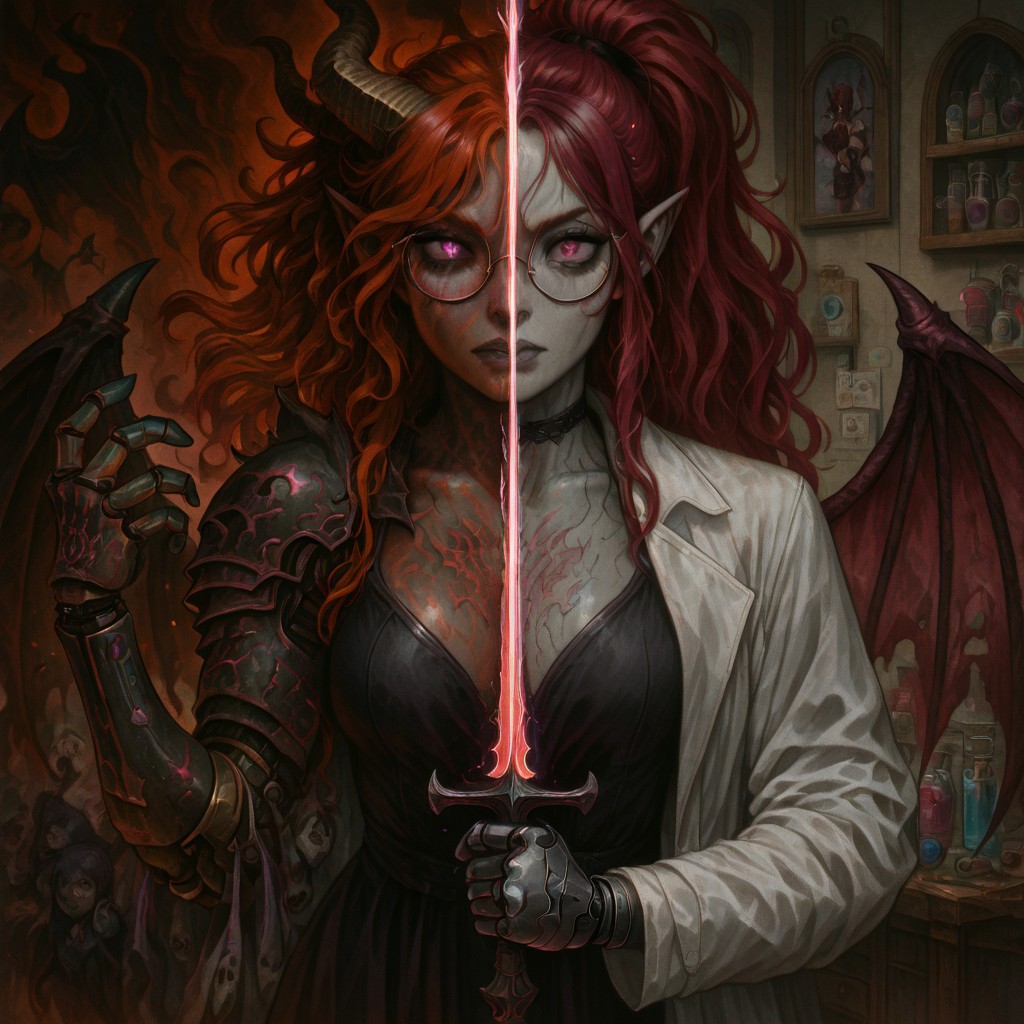 masterpiece, best quality, newest, absurdres, highres, 
DUSV1.0, split screen, split theme, dual persona, transformation, dark persona, holding sword, sword, holding weapon, holding, weapon,
1girl, succubus, grey skin, goth, goth girl, goth makeup, grey colored skin, red hair, demon girl, horns, wings, bat wings, demon wings, red wings, lab coat, coat, single mechanical arm, glasses, round glasses, ponytail, high taied ponytail, side bangs, pink eyes, prosthesis, prosthetic arm, medium breasts, pointy ears,