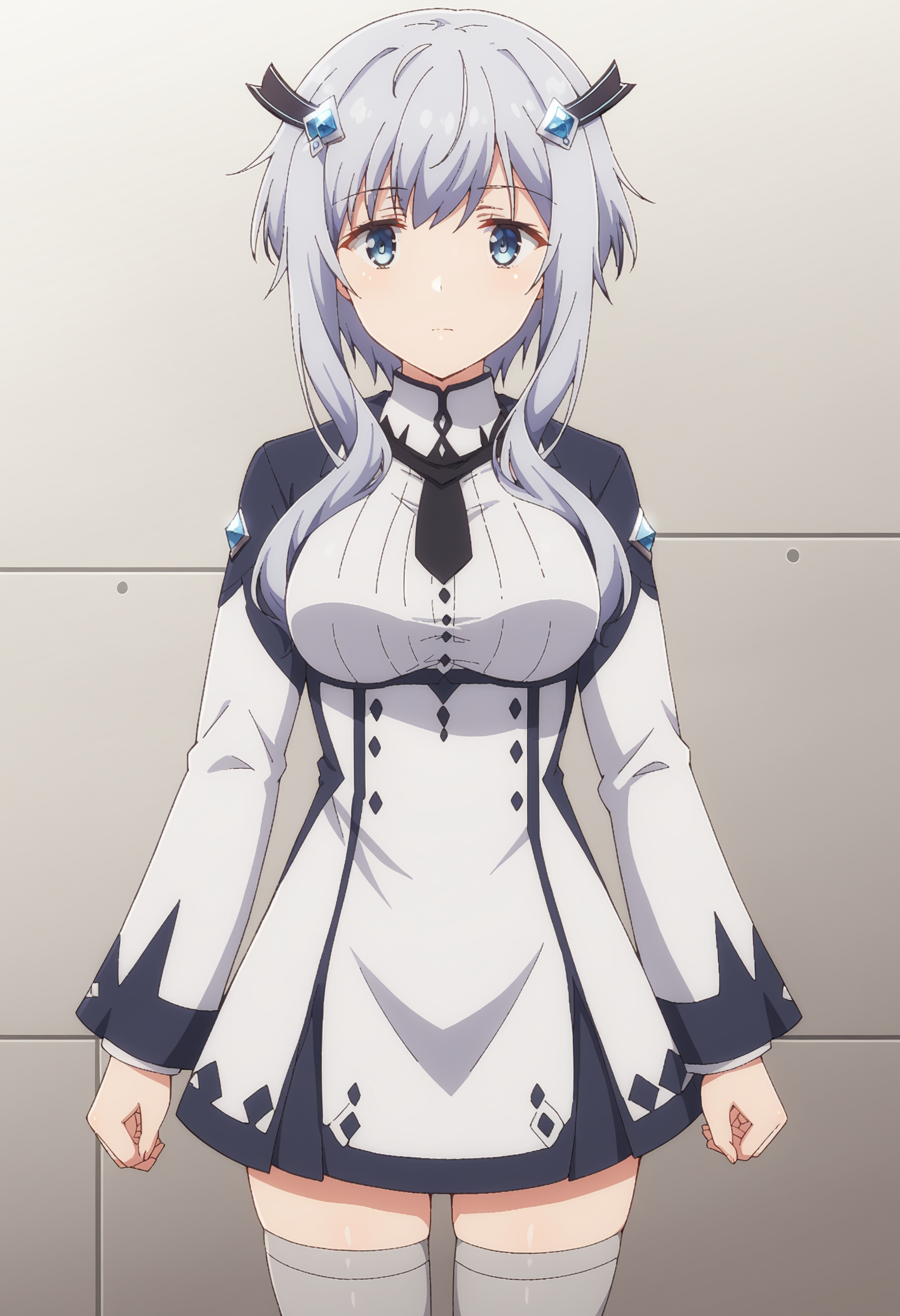 EBMisha, 1girl, solo, long hair, looking at viewer, blue eyes, hair ornament, thighhighs, long sleeves, dress, medium breasts, closed mouth, standing, grey hair, necktie, white dress, black necktie, short hair with long locks, arms at sides, grey thighhighs, cowboy shot, 
 <lora:xl_more_art-full_v1:0.8>, <lora:MishaNecron:0.9>