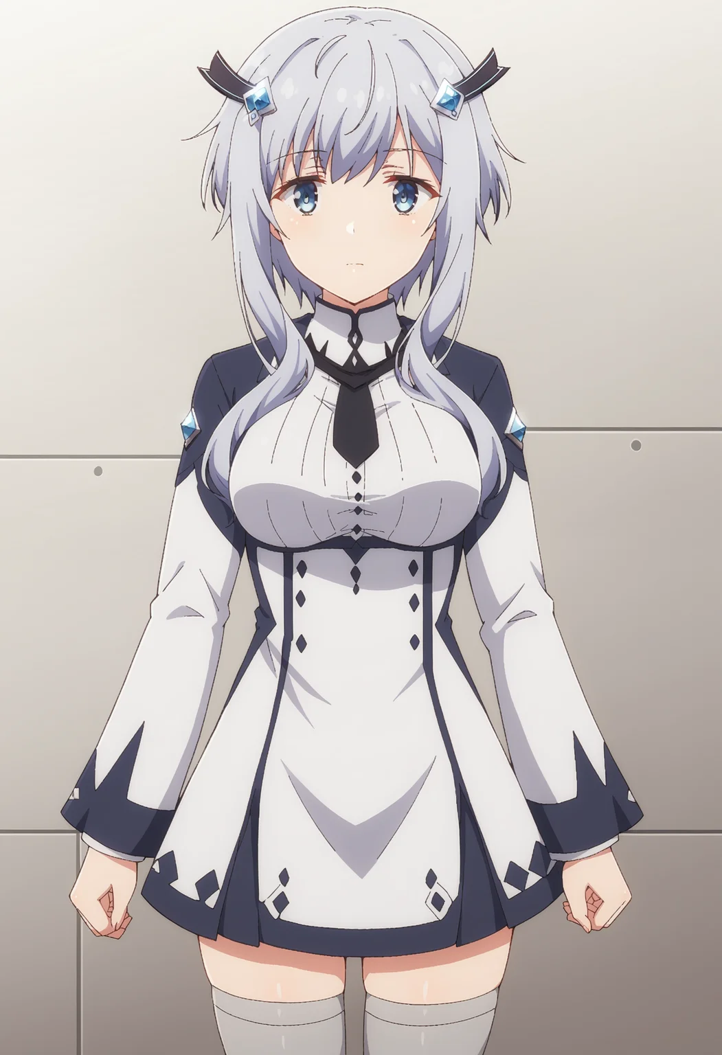 EBMisha, 1girl, solo, long hair, looking at viewer, blue eyes, hair ornament, thighhighs, long sleeves, dress, medium breasts, closed mouth, standing, grey hair, necktie, white dress, black necktie, short hair with long locks, arms at sides, grey thighhighs, cowboy shot,
<lora:xl_more_art-full_v1:0.8>, <lora:MishaNecron:0.9>
