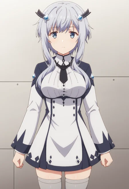 EBMisha, 1girl, solo, long hair, looking at viewer, blue eyes, hair ornament, thighhighs, long sleeves, dress, medium breasts, closed mouth, standing, grey hair, necktie, white dress, black necktie, short hair with long locks, arms at sides, grey thighhighs, cowboy shot, 
 <lora:xl_more_art-full_v1:0.8>, <lora:MishaNecron:0.9>