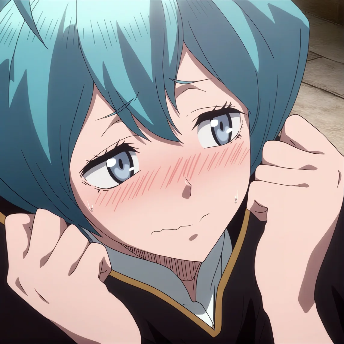 sharp focus, pixiv masterpiece, source_anime, score_9, absurd res, high res, (anime_screencap:1.2)
<lora:Grey_blackclover_IL_v36-000015:1>, masterpiece, best quality, score_9, grey_bc, 1girl, solo, grey-blue_eyes, cyan_hair, short_hair, antenna_hair, black_capelet, high-waisted_pants, sleeveless_shirt, portrait, hands_in_front_of_face, blushing, clenched_fists