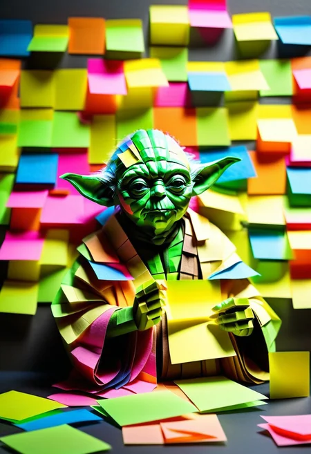 8k, Raw digital photo, sharp details, masterpiece, high quality, hyperrealistic, mix of colors, profile, Yoda made of Jed-StickyN, emerging from the shadows, astonishing, 80mm, covered in sticky notes