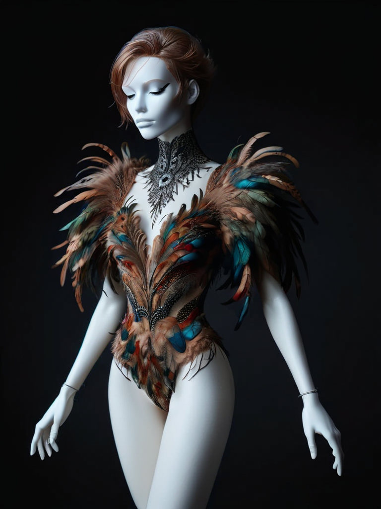 ral-feathercoat, a mannequin with a feather bodysuit <lora:ral-feathercoat-sdxl:1> black background, dim warm backlight, ring light