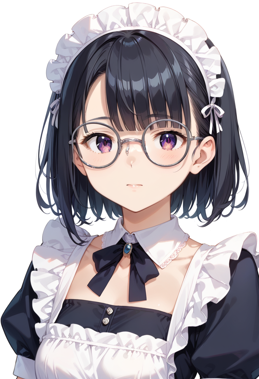 score_9, score_8_up, score_7_up, rating_safe, masterpiece, best quality, absurdres, unity 8k wallpaper, official art, official style, source_anime, uncensored, game cg, megami magazine,
1girl, solo, black hair, medium hair, upper body, covered eyes,maid, maid headdress, black dress, maid apron, face focus,
round_glasses22A, glasses, still life, white background, simple background, grey-framed eyewear,
 <lora:glasses_Round_PONY_V1:1>