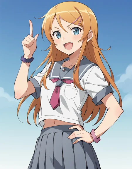 score_9, score_8_up, score_7_up, score_6_up, score_5_up, score_4_up, source_anime, anime screencap, BREAK 1girl, solo, upper body, open open mouth, fang, smile, blue sky, pointing, hand on hip,
 <lora:Kousaka_Kirino_Pony:1> kousaka_kirino, orange hair, long hair, blue eyes, hairclip, kirino_school, serafuku, school uniform, white shirt, grey sailor collar, short sleeves, neckerchief, grey skirt, pleated skirt,