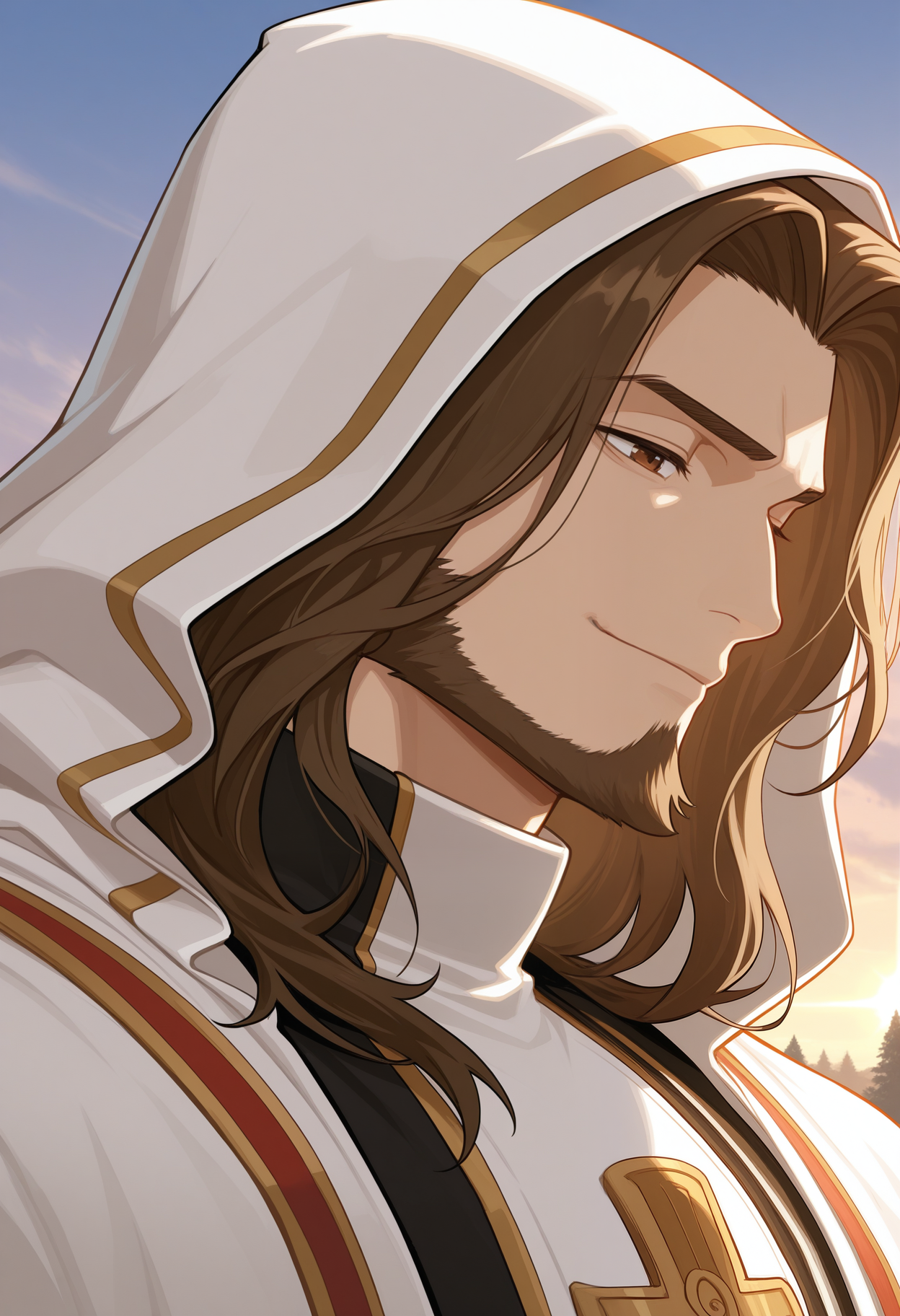 masterpiece,best quality,amazing quality, 1boy, solo, cru4d3rM, mature male, long brown hair, brown eyes, brown beard, hooded robe, priest suit, close up, side angle, smug, outdoors,