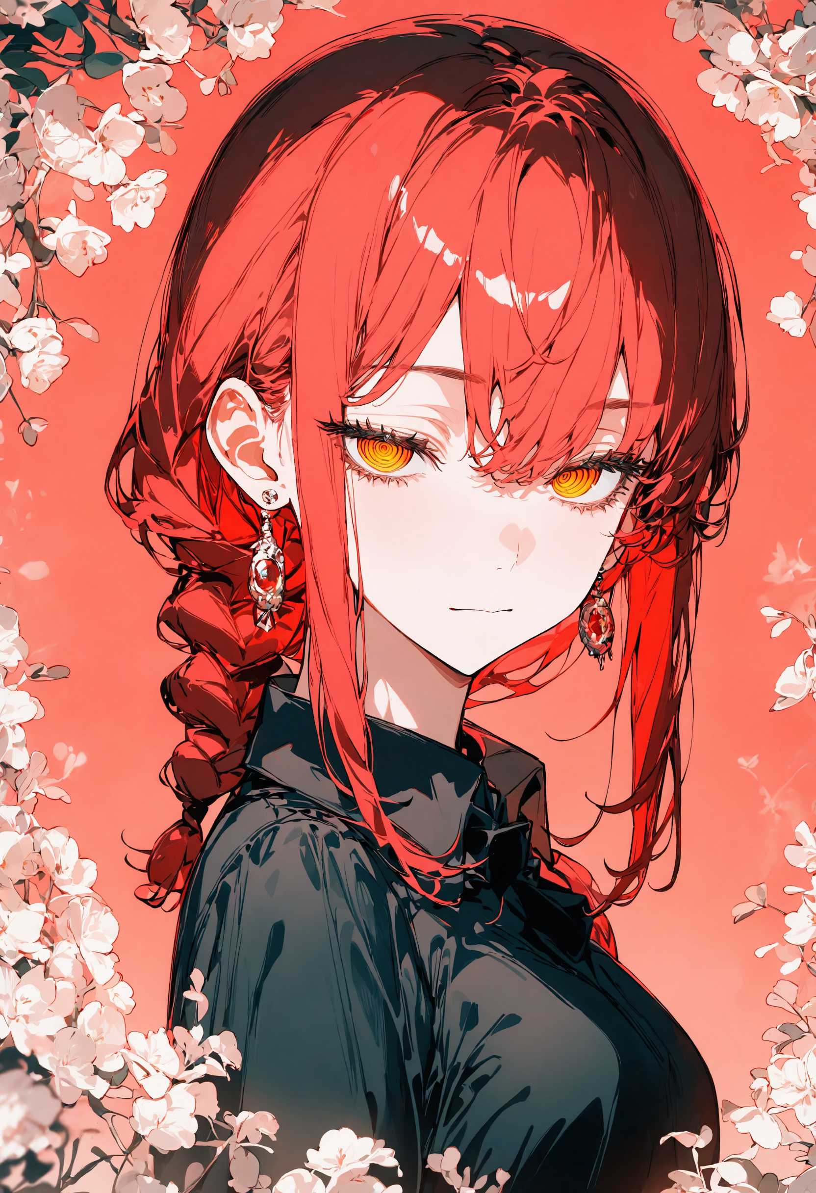masterpiece, best quality, newest, absurdres, highres, very awa, anime screencap, film grain, limited palette, ambient occlusion, depth of field, intricate background, makima \(chainsaw man\), 1girl, solo, red background, red hair, earrings, jewelry, red theme, ringed eyes, looking at viewer, simple background, shirt, black shirt, ear piercing, eyelashes, collared shirt, piercing, medium hair, closed mouth, portrait, yellow eyes, long eyelashes, hair between eyes, red eyes