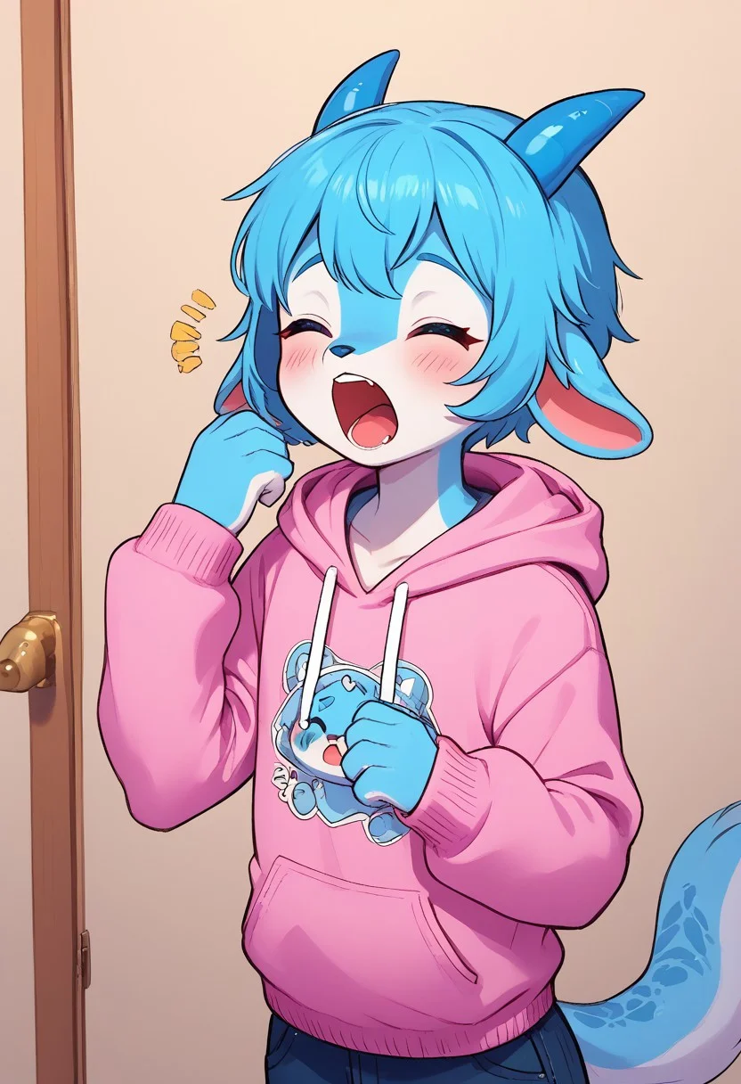 (easynegative 1) dragon, anthro, furry, young, miniature, male, open mouth, tail, closed eyes, yawns, small horns, blue body, girly , hoodie, only torso, solo, looking at, cute, , good_hands