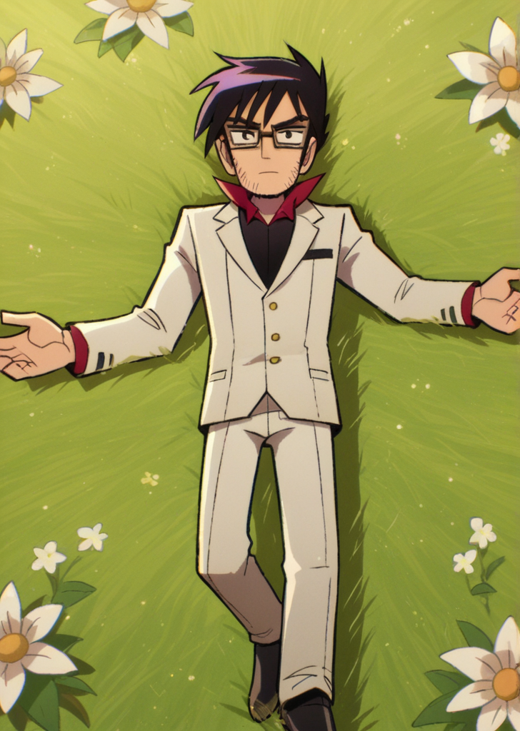 score_9, score_8_up, score_7_up, score_6_up, source_anime, zPDXL, BREAK
<lora:Scott_Pilgrim_Takes_Off:1> scottp, sketch, anime coloring, 1boy, solo, gideon, short hair, black hair, glasses, elegant suit  navy wool suit ,brioni,, white dress shirt, silk tie, black leather oxfords ,gucci, , lying in a field of flowers, arms spread wide,