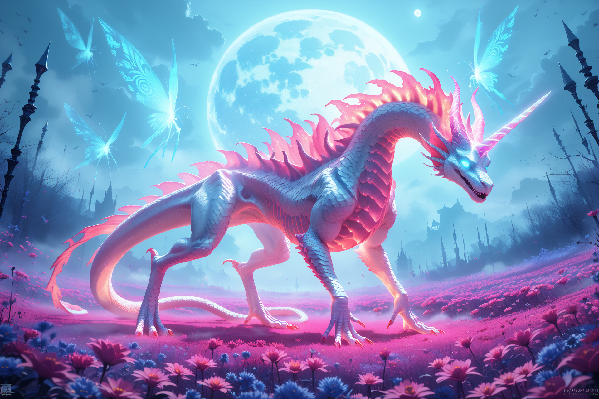 score_9, score_8_up, score_7_up (best quality, masterpiece, beautiful and aesthetic:1.2) glowing glass unicorn sits in a field of glowing blue-red frozen flowers, ominous darkness, moon, a lot of fog, haze, a lot of blue-red fireflies, silver scales shimmering in the moonlight , glowing eyes, white glowing mane <lora:CTDRM:0.7> ctdrm, dreamy, soft lighting, fantasy style, surreal lighting, sinister, mystical, archaic, very colorful, high resolution, many details, The image is a hyper-realistic CGI rendering of a hauntingly realistic