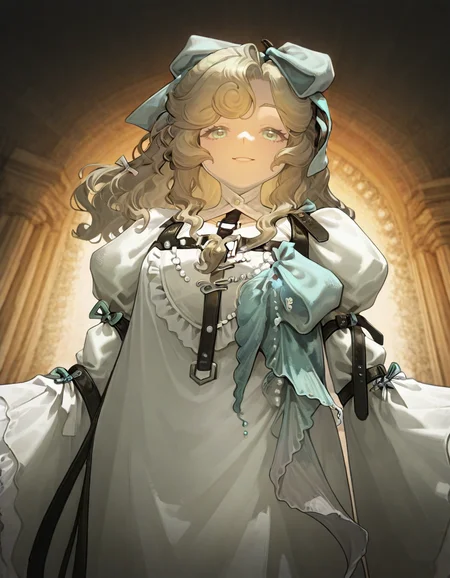 1girl,lorelei, bandages,bule bow, white dress, looking at viewer,
 from below, calm expression, serene face, gentle smile, peaceful look, relaxed features, dreamy gaze
<lora:loreleireverse1999:1>reverse:1999, ultra-detailed, cinematic lighting, (masterpiece, best quality, high quality, highres, ultra-detailed),