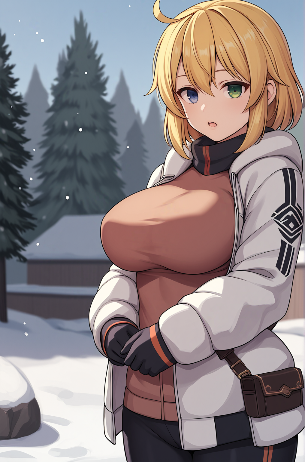 score_9, score_8_up, score_7_up, score_6_up, score_5_up, score_4_up, source_anime, BREAK,
Ryona_XL, blonde, short hair, heterochromia, green eyes, blue eyes, large breasts, :3,  BREAK, winter clothes, opened mouth, (outside:1.3)
<lora:Ryona_XL:0.7>
<lora:PersonalAmi_PonyXL:1>
