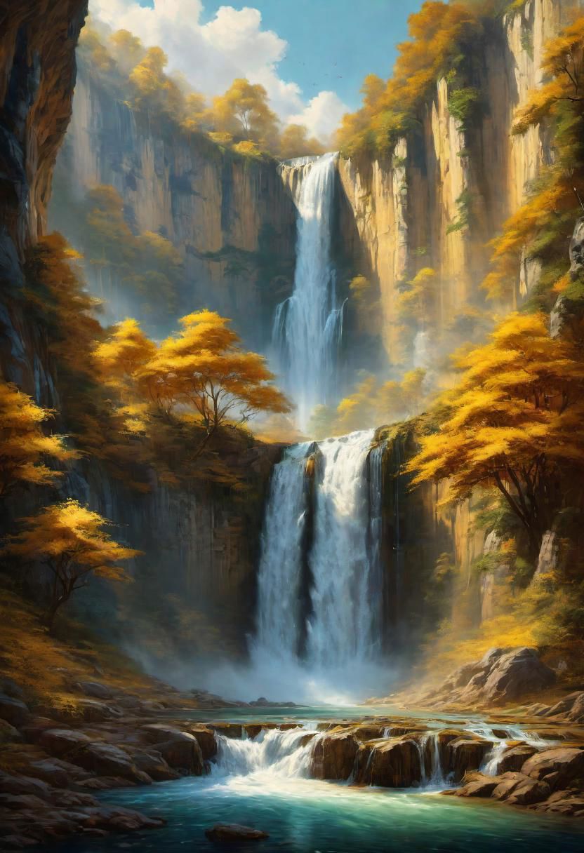 a landscape of a waterfall with gold water,
 masterpiece, highly detailed,
EdobHorrorLandscape,